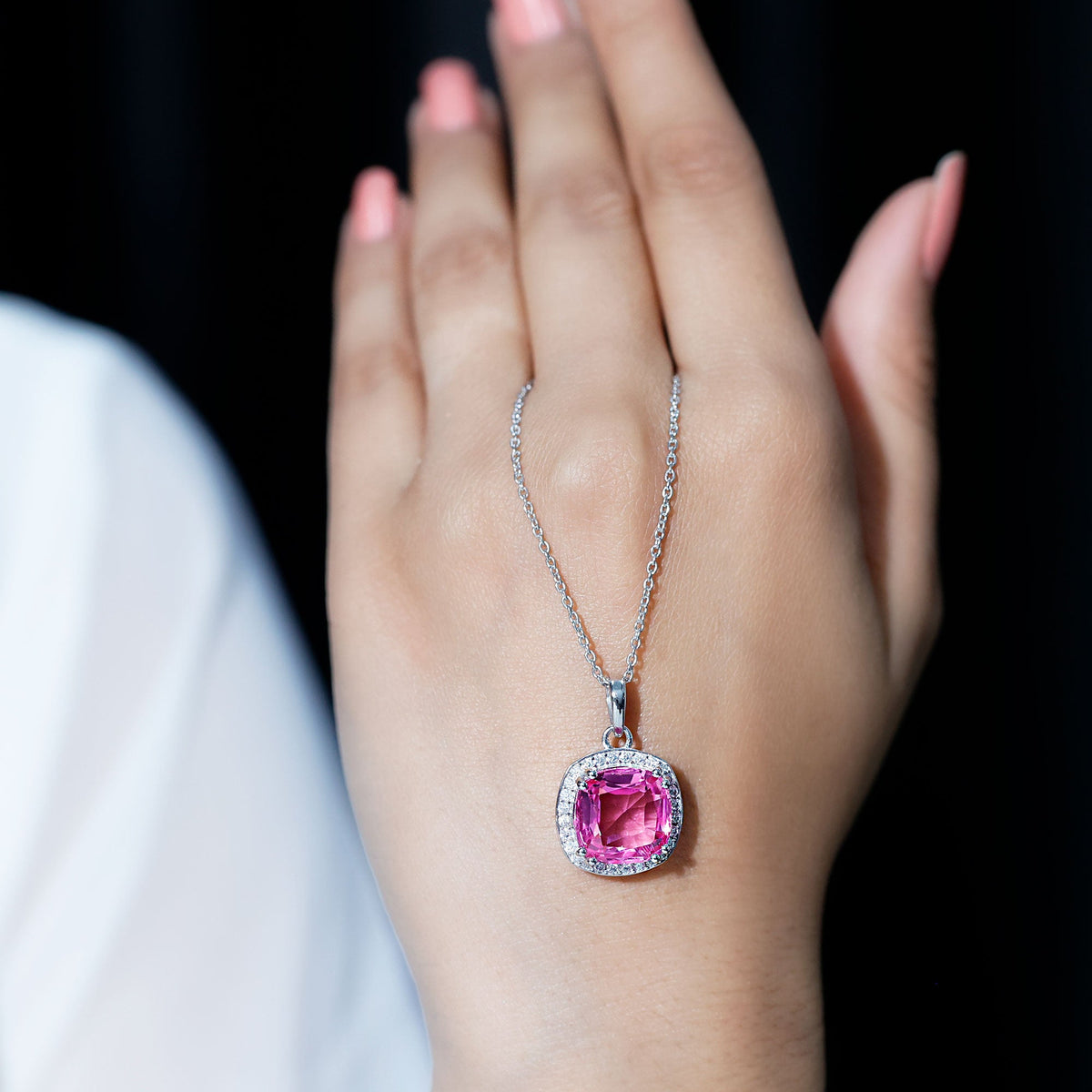 6 Carat Lab Grown Pink Sapphire Cocktail Necklace With Silver Chain