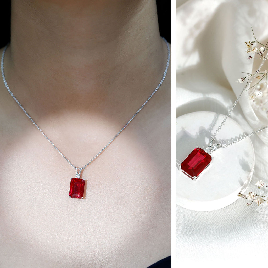 Sterling Silver 5 Carat Lab Grown Ruby Statement Pendant Necklace for Women