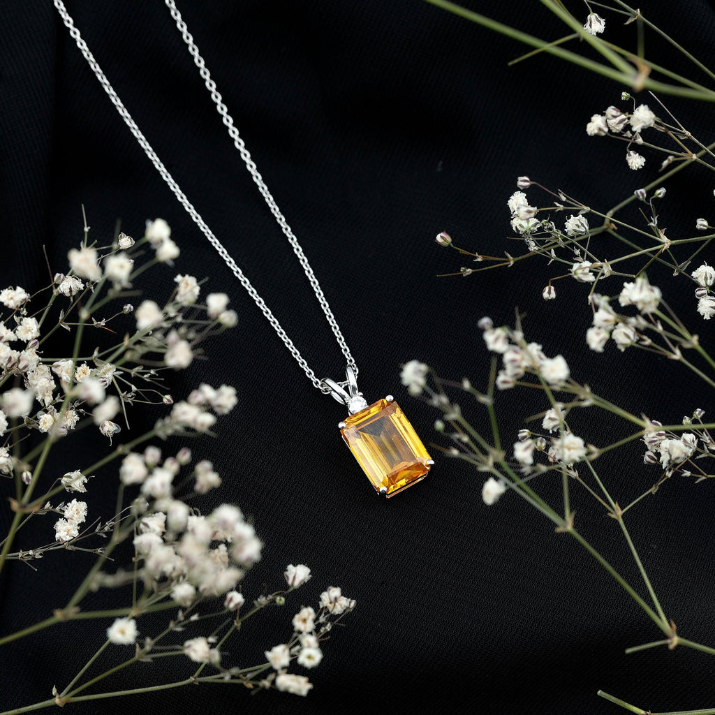 9 Carat Lab Grown Yellow Sapphire Emerald Cut Necklace With Silver Chain