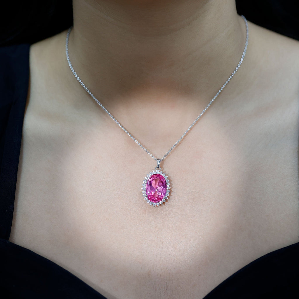 Certified 14 Carat Lab Pink Sapphire Elegant Bridal Necklace With Silver Chain