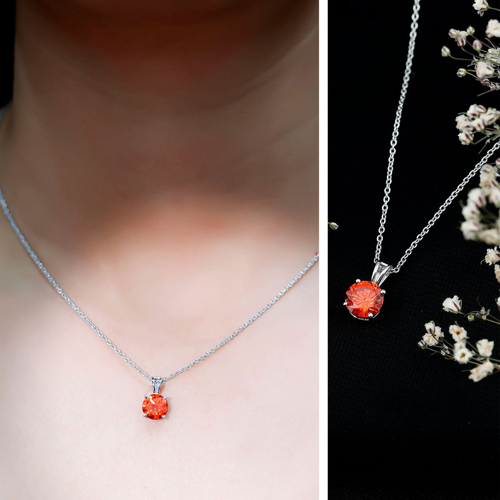 2 Carat Lab Grown Orange Sapphire Necklace With Silver Chain