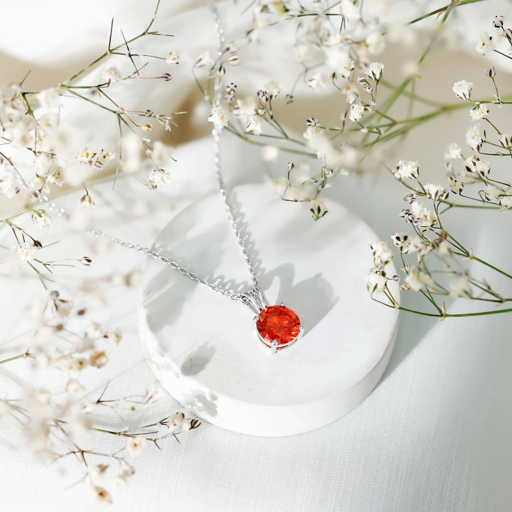 2 Carat Lab Grown Orange Sapphire Necklace With Silver Chain