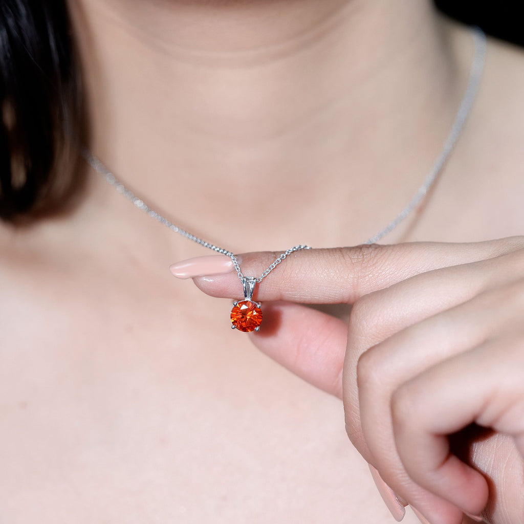 2 Carat Lab Grown Orange Sapphire Necklace With Silver Chain