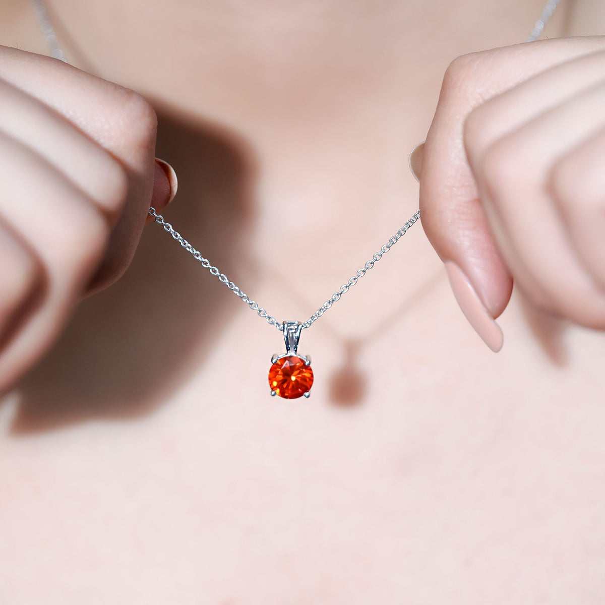 2 Carat Lab Grown Orange Sapphire Necklace With Silver Chain
