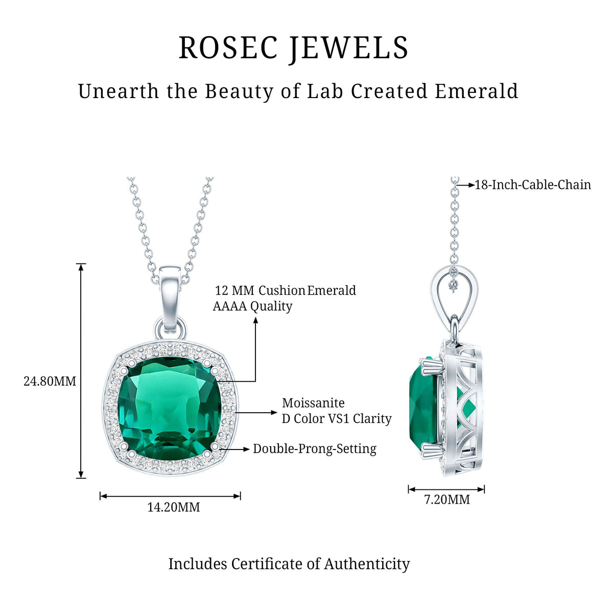 Sterling Silver 9 Carat Lab Grown Emerald Halo Pendant Necklace for Women