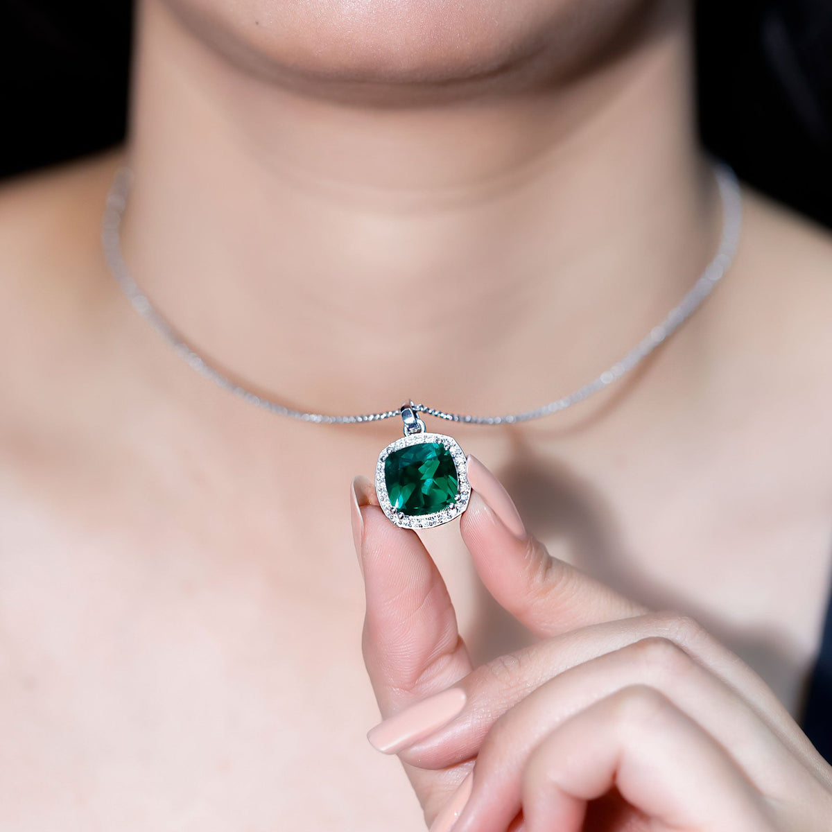 Sterling Silver 9 Carat Lab Grown Emerald Halo Pendant Necklace for Women