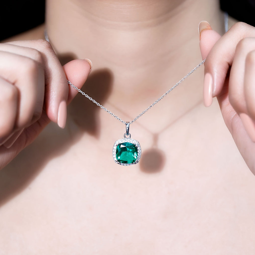 Sterling Silver 9 Carat Lab Grown Emerald Halo Pendant Necklace for Women