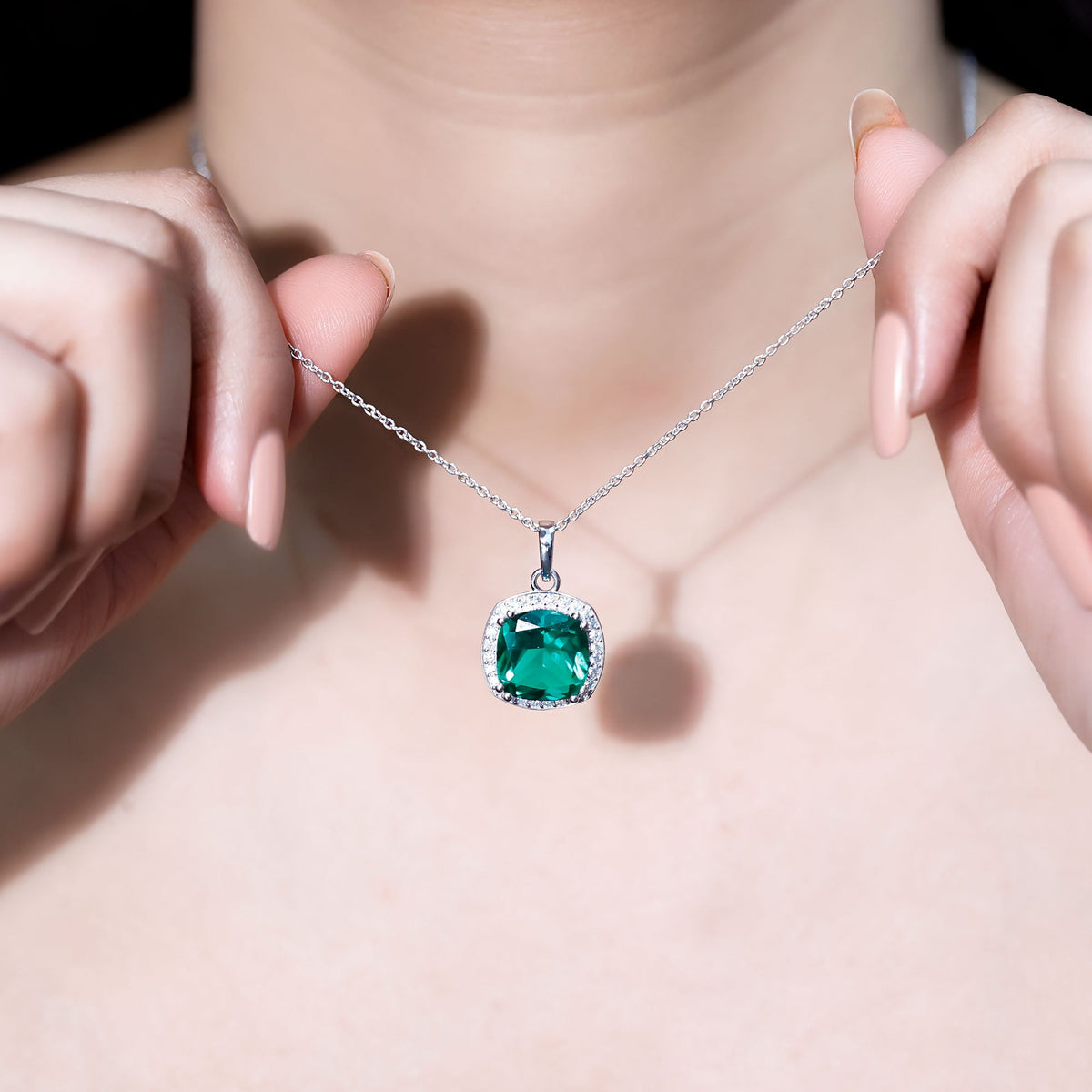 Sterling Silver 9 Carat Lab Grown Emerald Halo Pendant Necklace for Women