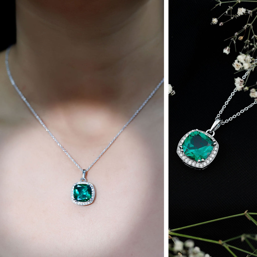 Sterling Silver 9 Carat Lab Grown Emerald Halo Pendant Necklace for Women