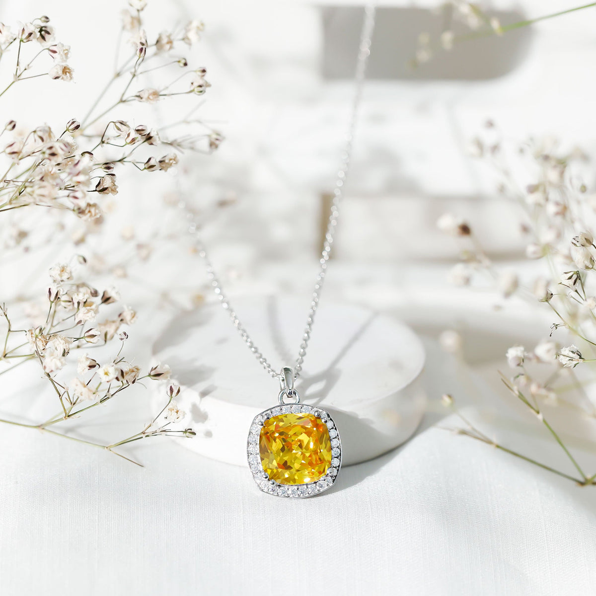 9 Carat Cushion Cut Lab Yellow Sapphire Statement Necklace with Silver Chain