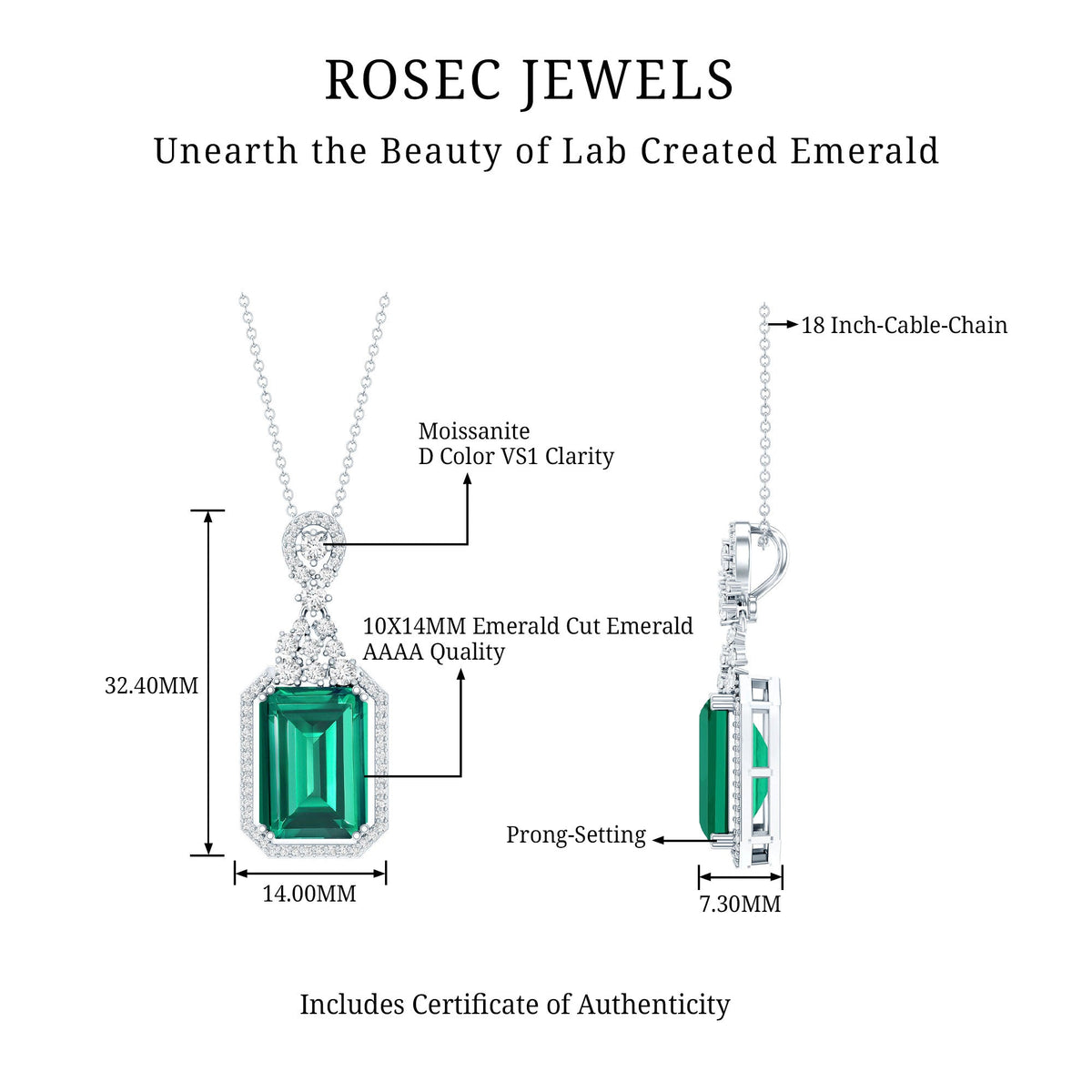 Certified 8 Carat Lab Grown Emerald Vintage Necklace with Silver Chain