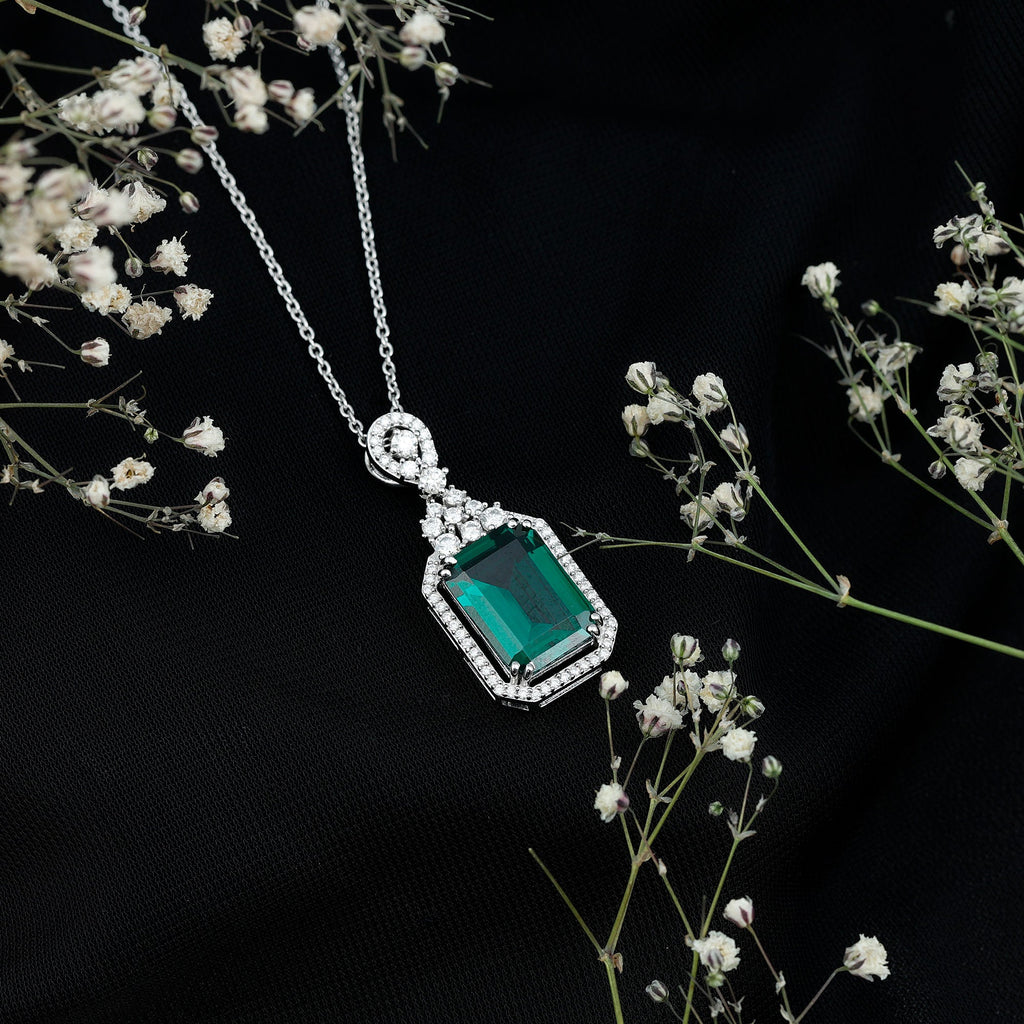 Certified 8 Carat Lab Grown Emerald Vintage Necklace with Silver Chain