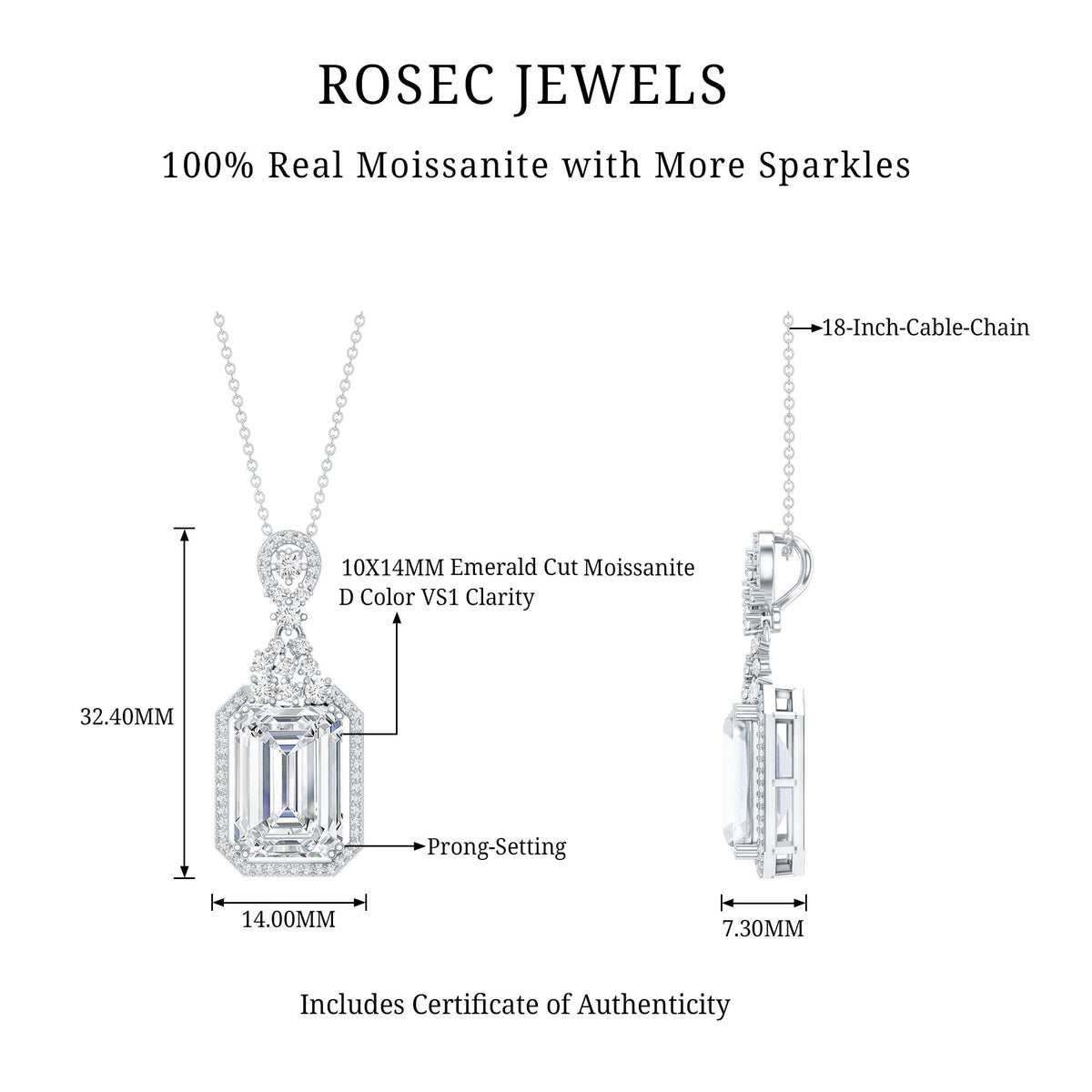 4.5 Carat Emerald Cut Moissanite Wedding Necklace with Silver Chain