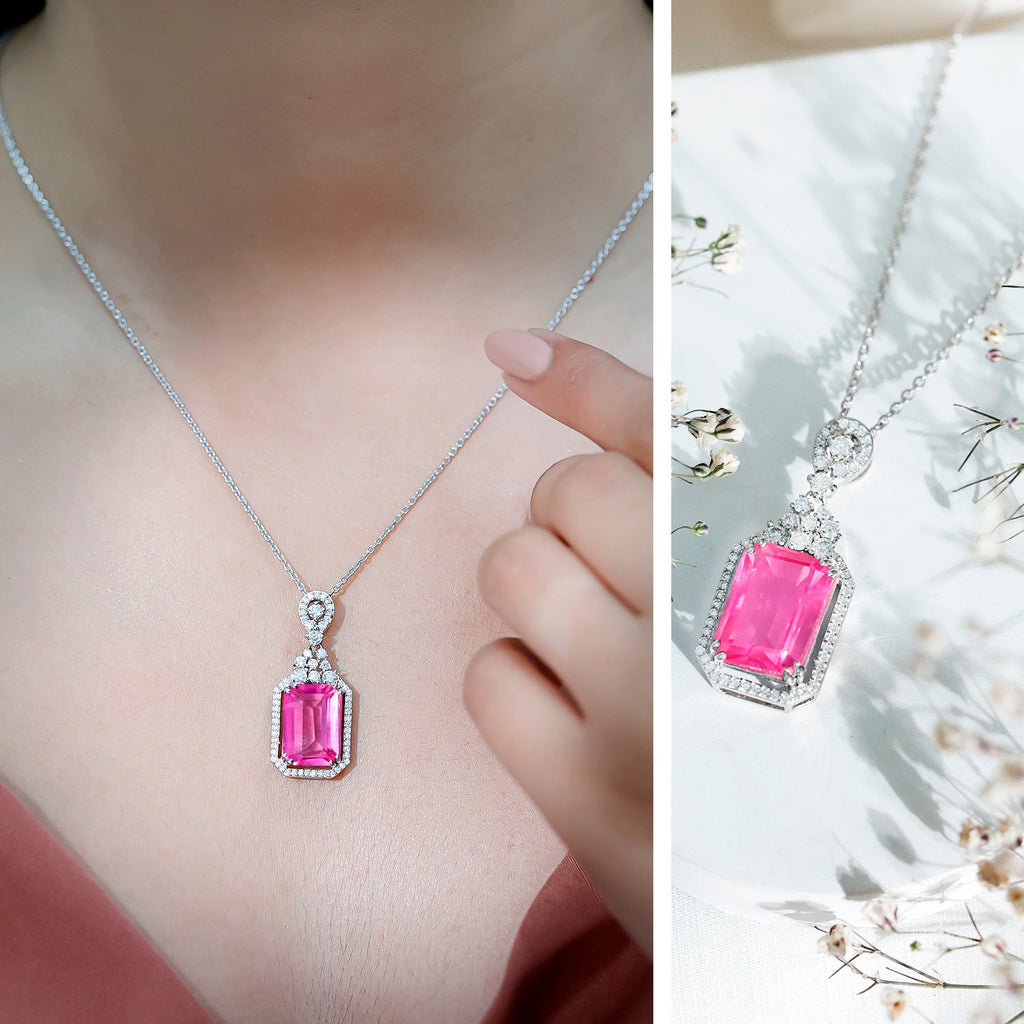 9 Carat Lab Grown Pink Sapphire Art Deco Necklace With Silver Chain