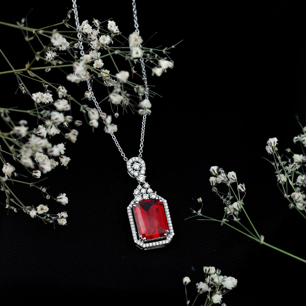 Certified 5 Carat Lab Grown Ruby Vintage Necklace With Silver Chain