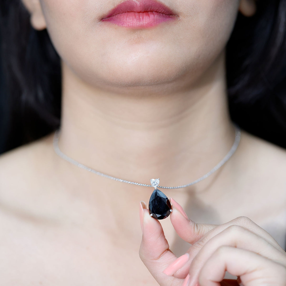 Certified 9 Carat Lab Grown Black Diamond Teardrop Necklace With Silver Chain