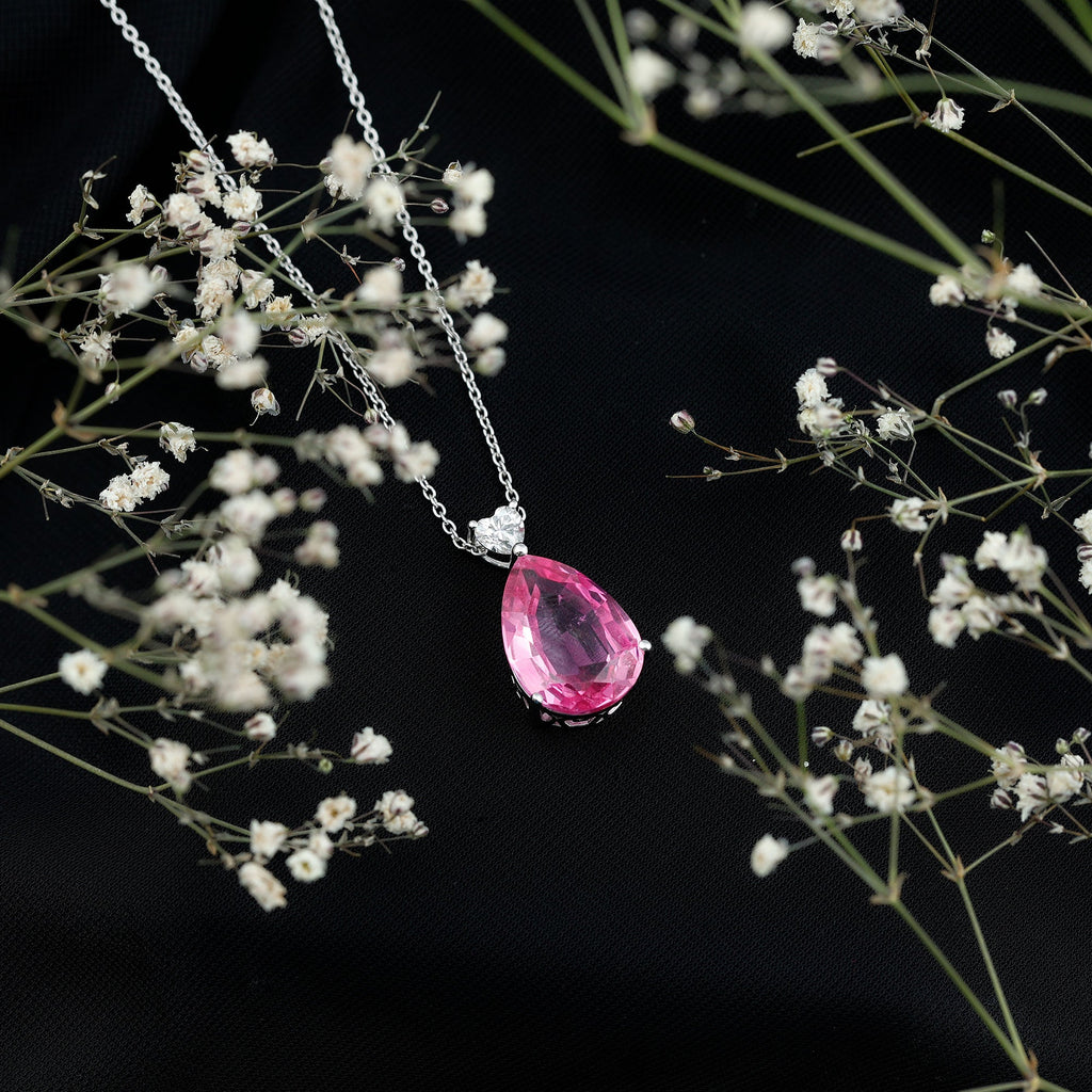 9 Carat Lab Grown Pink Sapphire Teardrop Necklace with Silver Chain