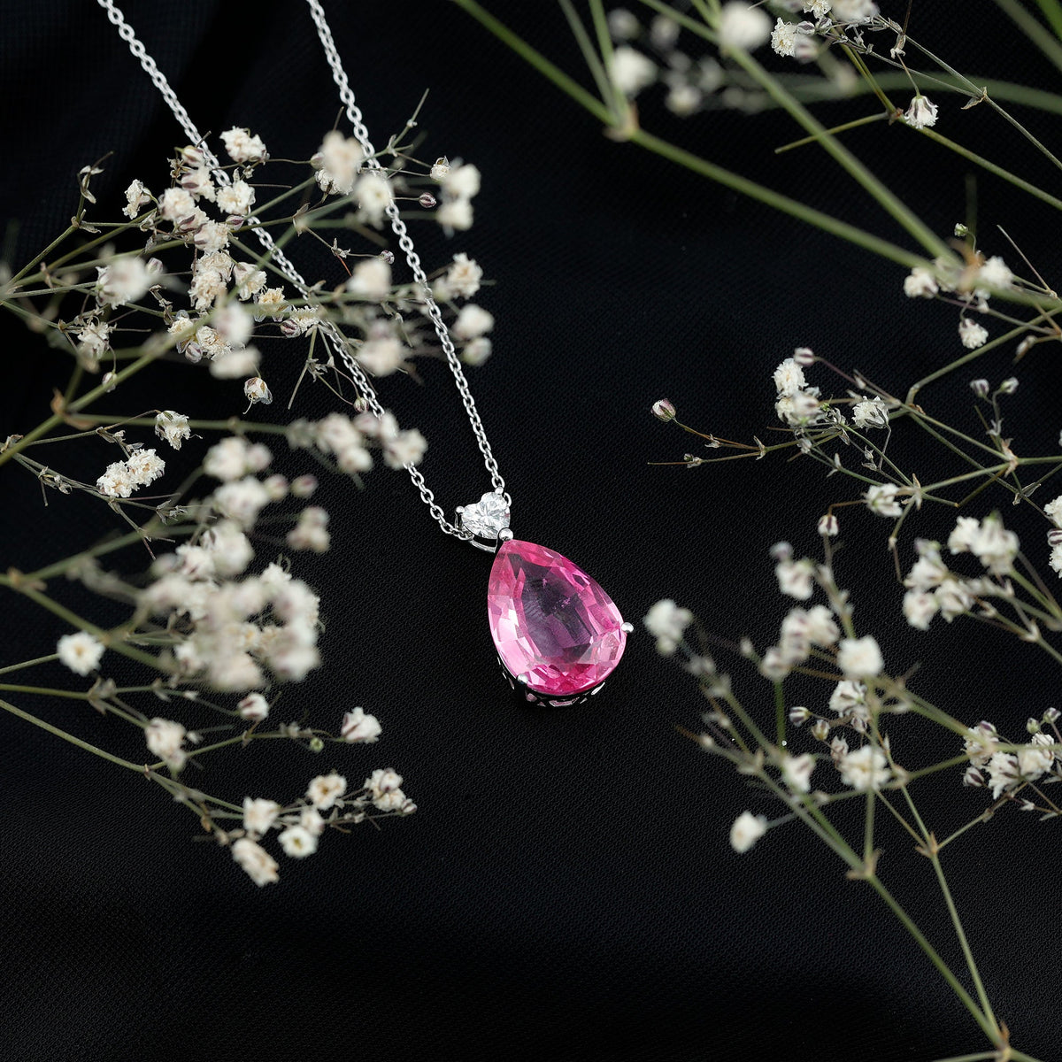 9 Carat Lab Grown Pink Sapphire Teardrop Necklace with Silver Chain