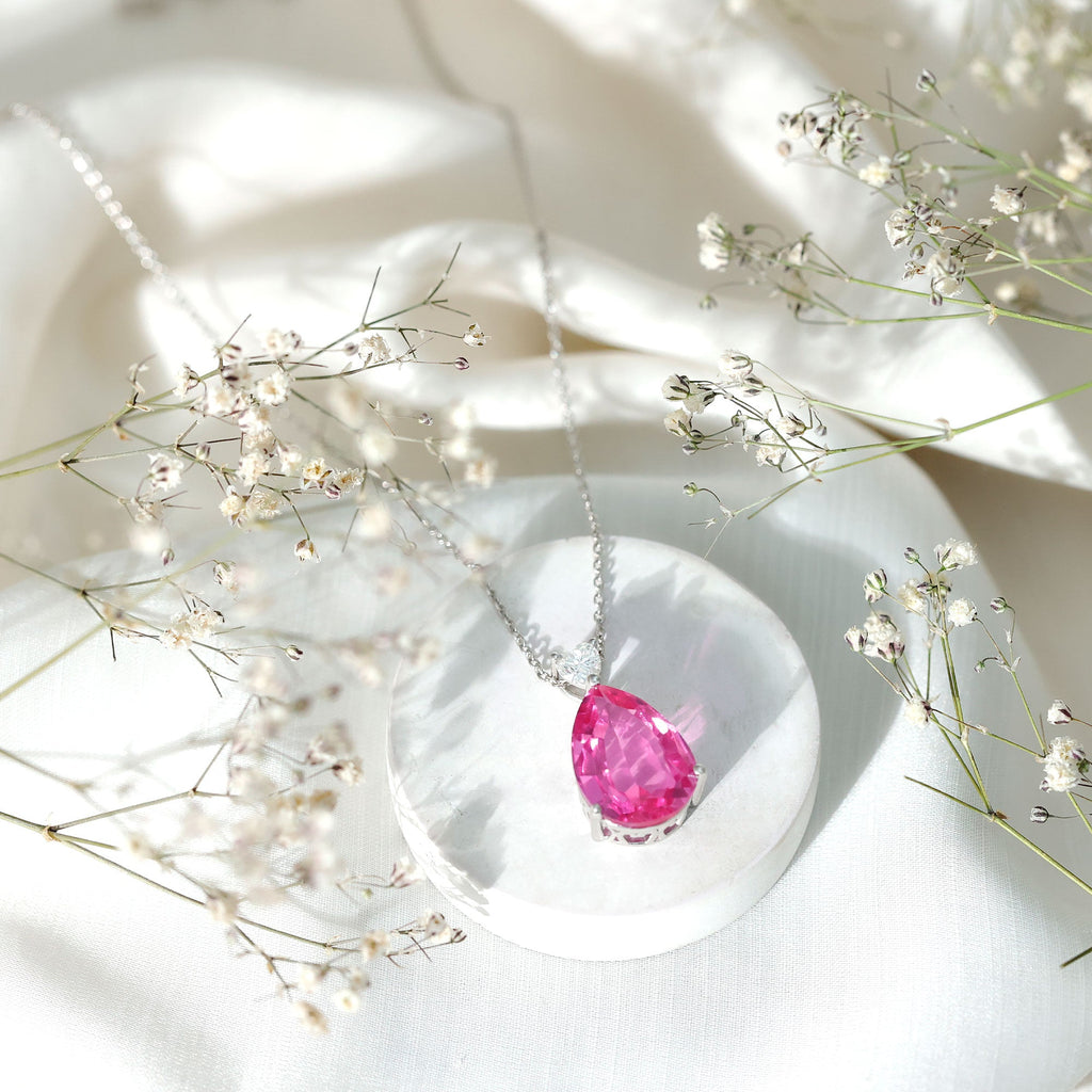 9 Carat Lab Grown Pink Sapphire Teardrop Necklace with Silver Chain