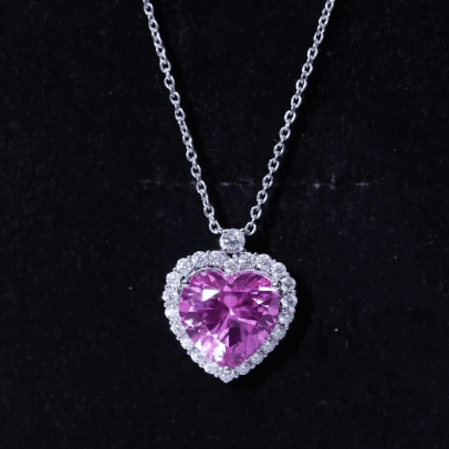 5.5 Carat Lab Grown Pink Sapphire Heart Necklace with Halo in Silver