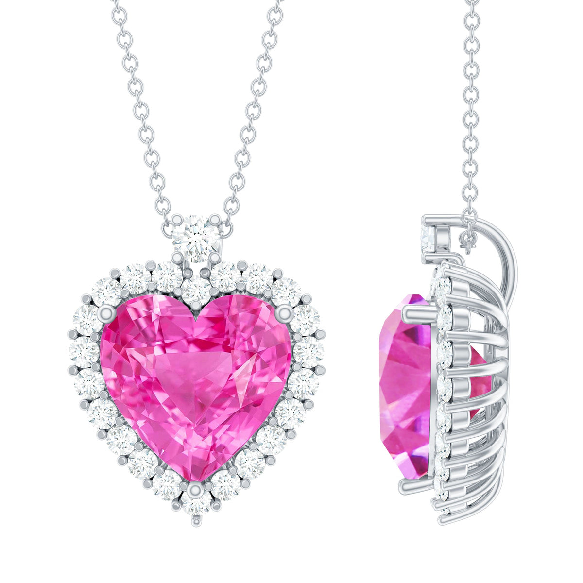 5.5 Carat Lab Grown Pink Sapphire Heart Necklace with Halo in Silver