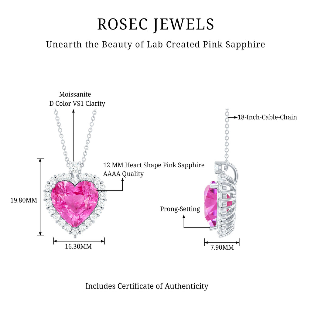 5.5 Carat Lab Grown Pink Sapphire Heart Necklace with Halo in Silver