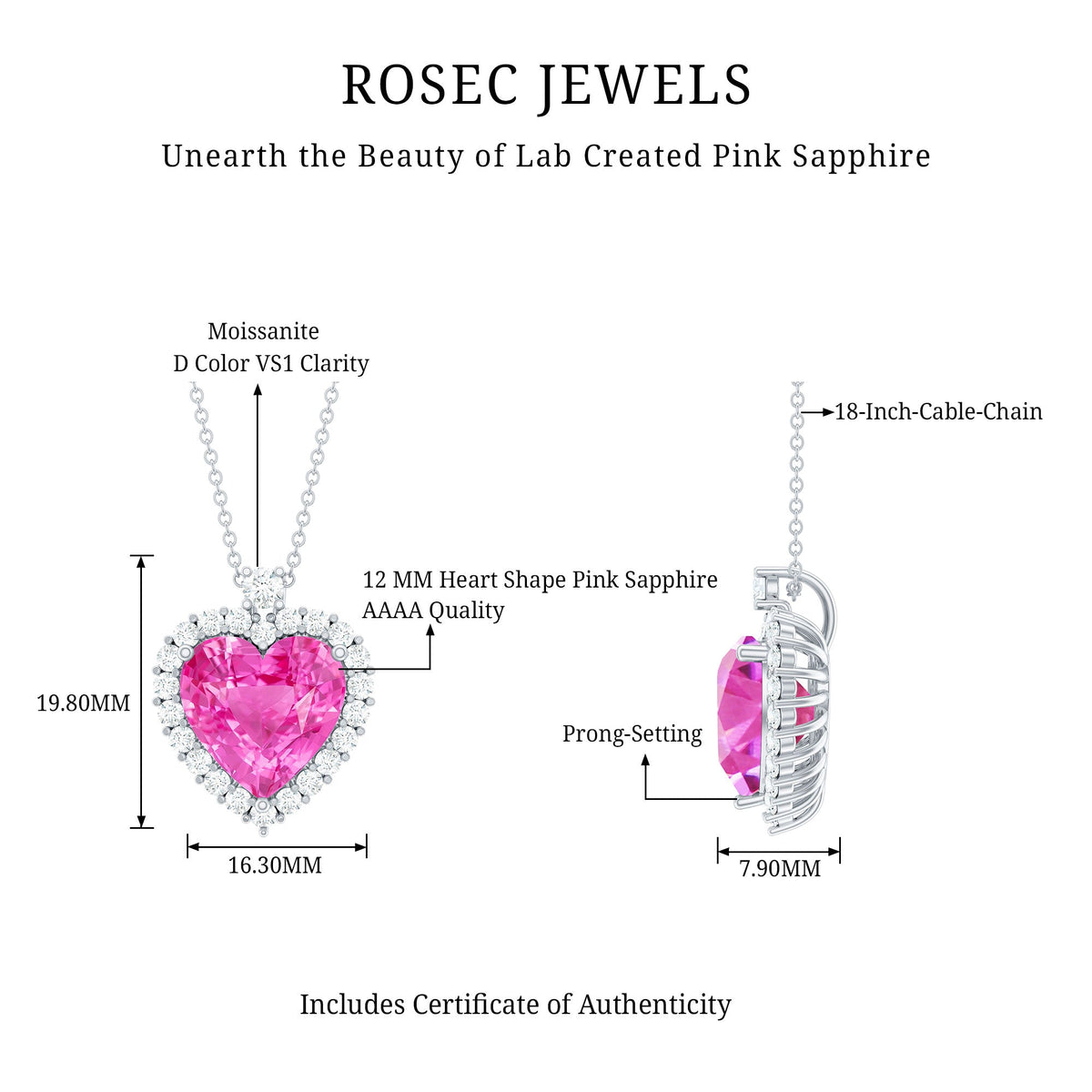 5.5 Carat Lab Grown Pink Sapphire Heart Necklace with Halo in Silver