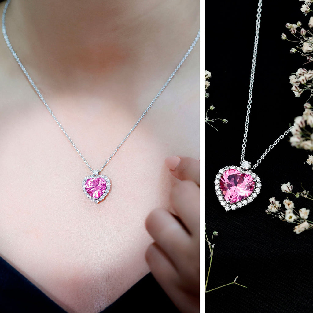 5.5 Carat Lab Grown Pink Sapphire Heart Necklace with Halo in Silver