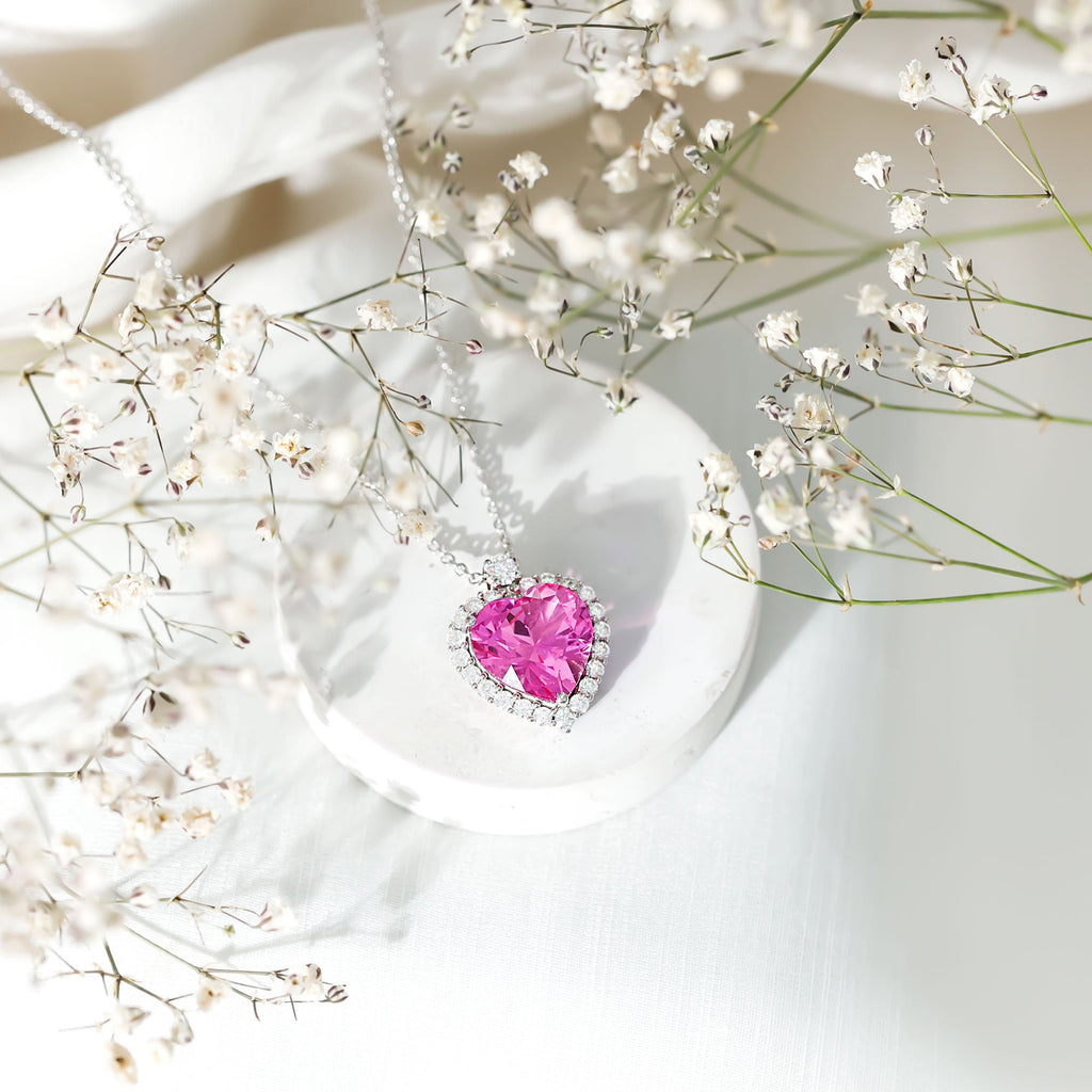 5.5 Carat Lab Grown Pink Sapphire Heart Necklace with Halo in Silver