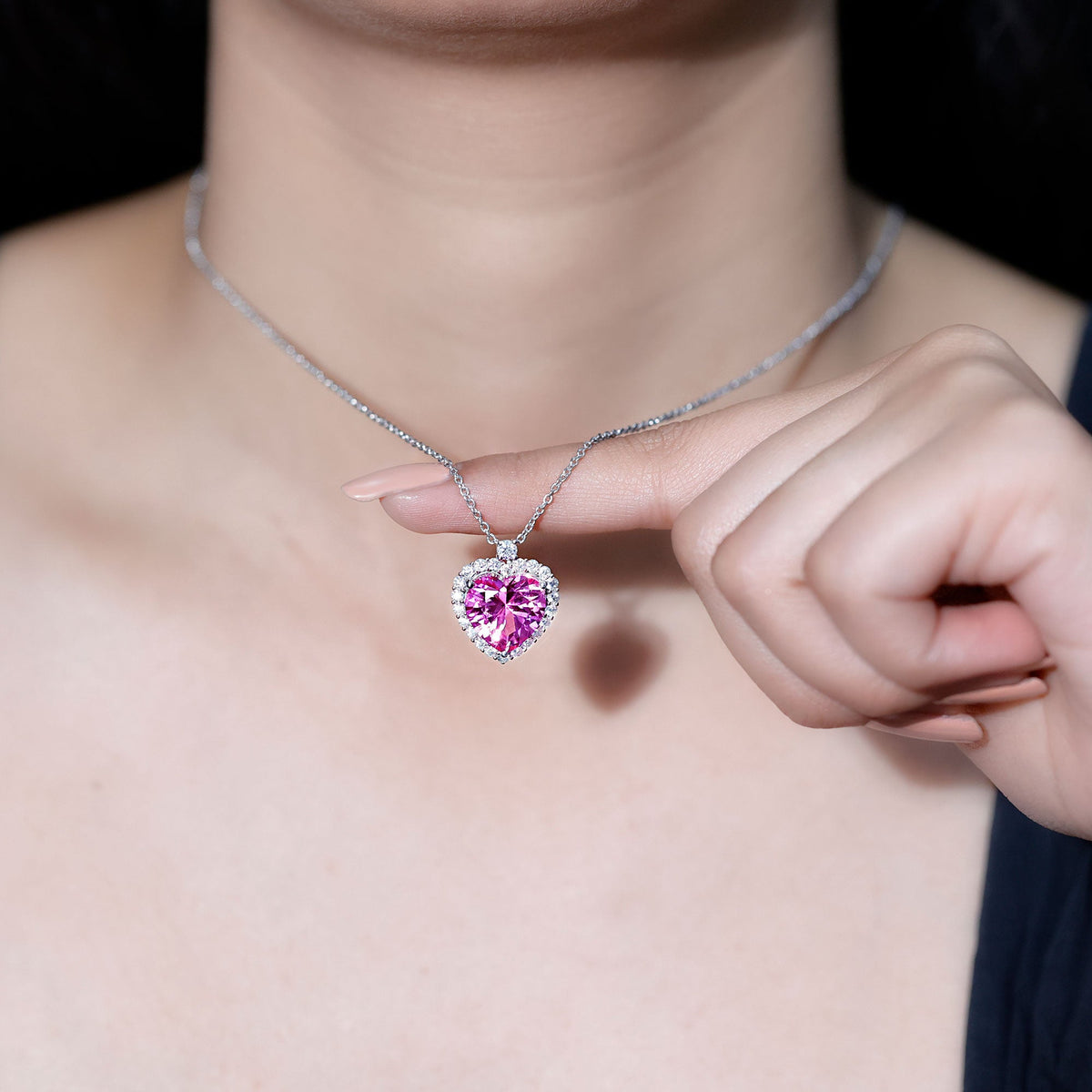 5.5 Carat Lab Grown Pink Sapphire Heart Necklace with Halo in Silver