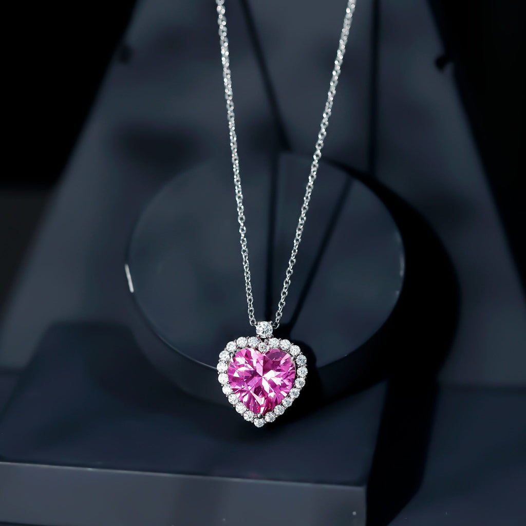 5.5 Carat Lab Grown Pink Sapphire Heart Necklace with Halo in Silver