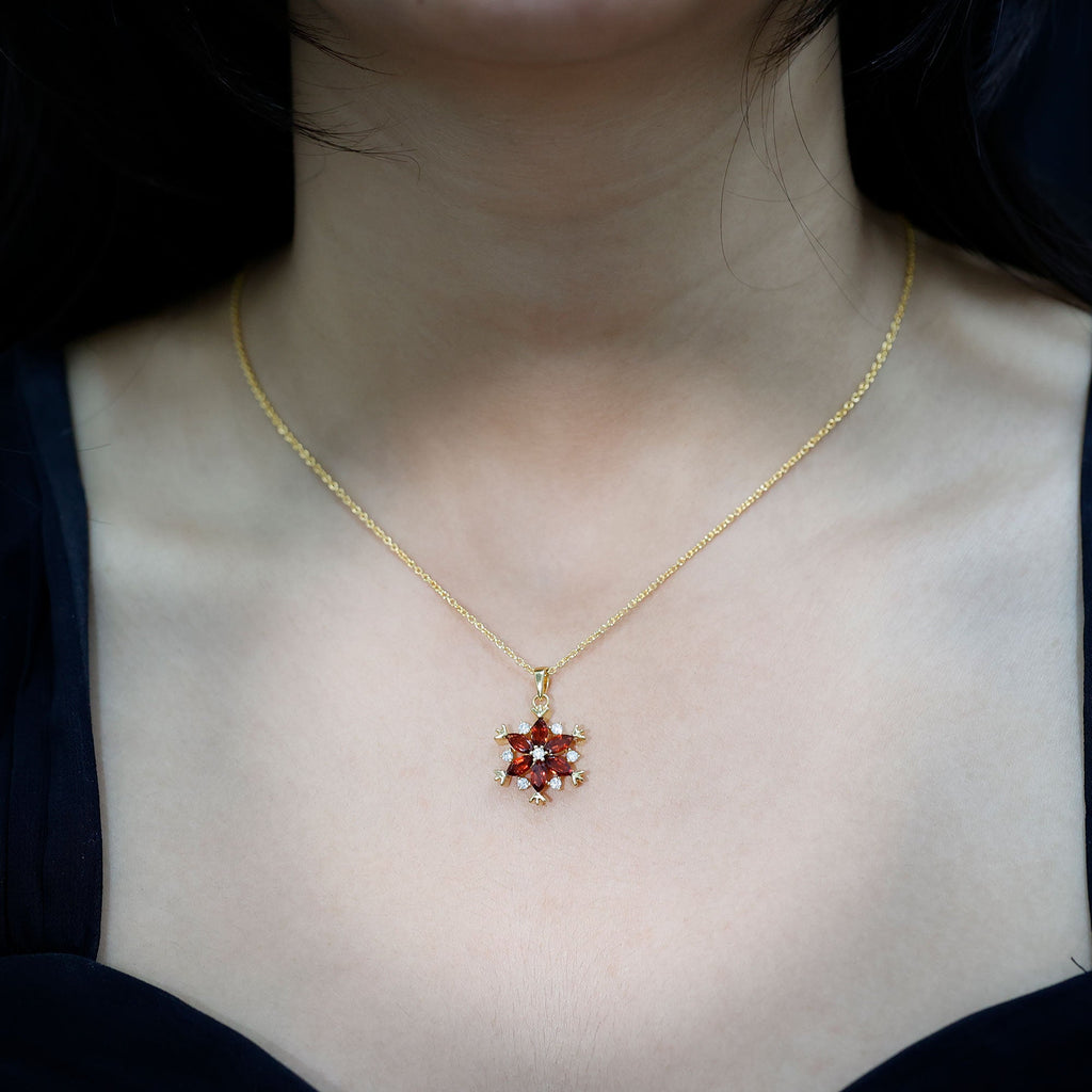 Real Garnet Flower Pendant Necklace in Yellow Gold Plated Silver