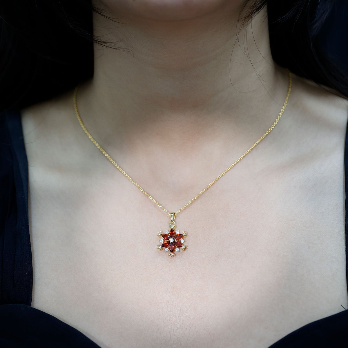 Real Garnet Flower Pendant Necklace in Yellow Gold Plated Silver