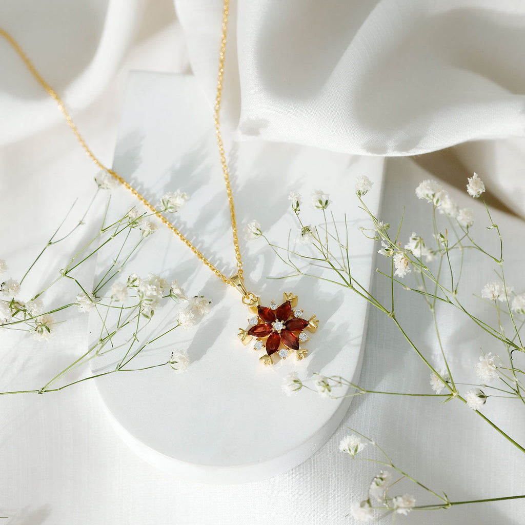 Real Garnet Flower Pendant Necklace in Yellow Gold Plated Silver