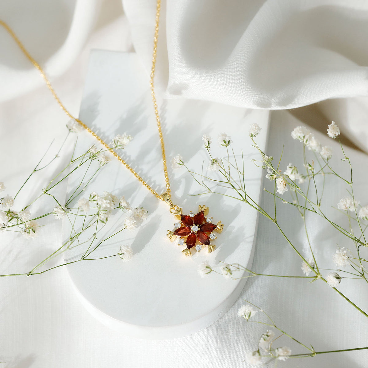 Real Garnet Flower Pendant Necklace in Yellow Gold Plated Silver