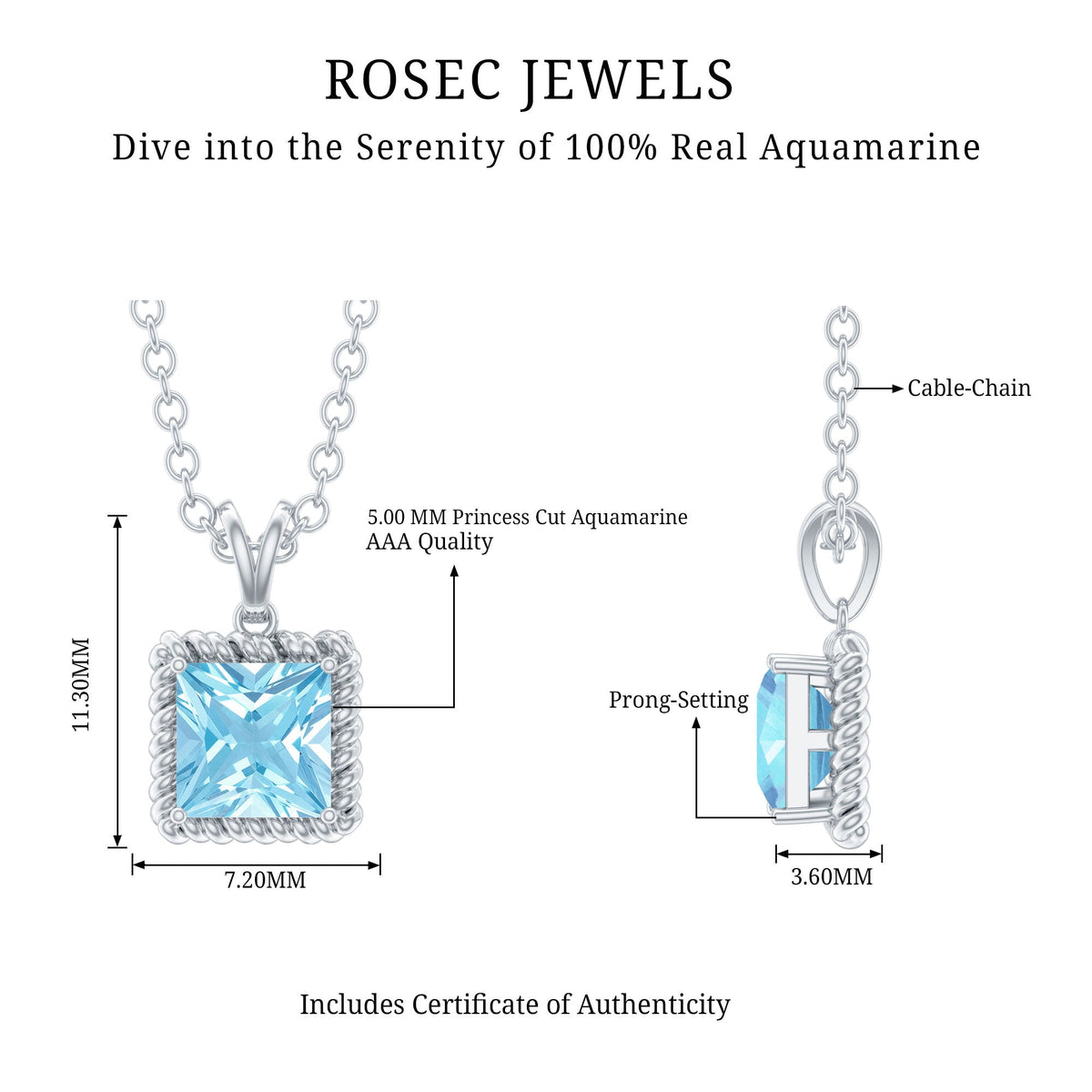 Natural Half Carat Aquamarine Princess Cut Necklace with Silver Chain