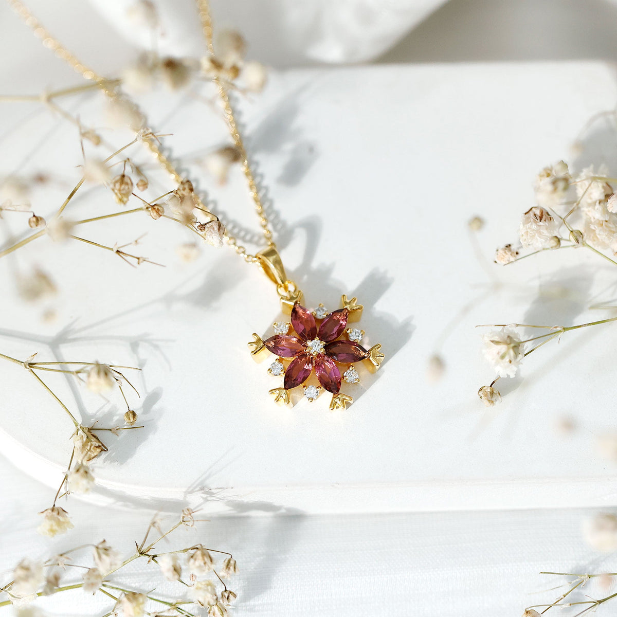 Certified Pink Tourmaline Flower Pendant Necklace with Silver Chain
