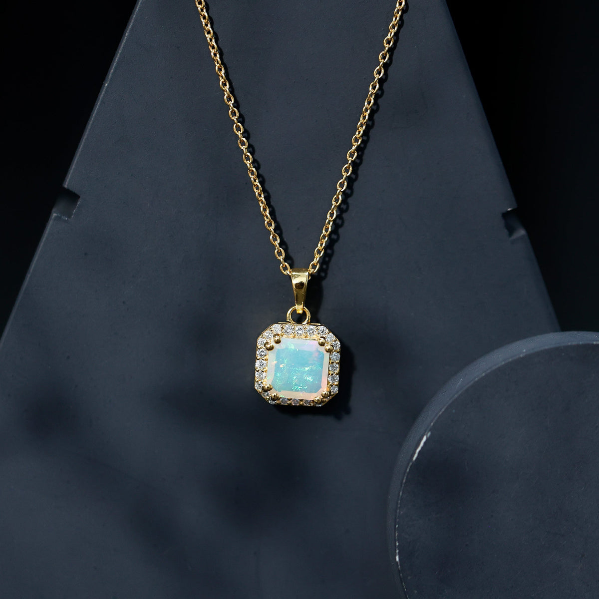 1.25 Carat Asscher Cut Ethiopian Opal Necklace with Diamond Halo