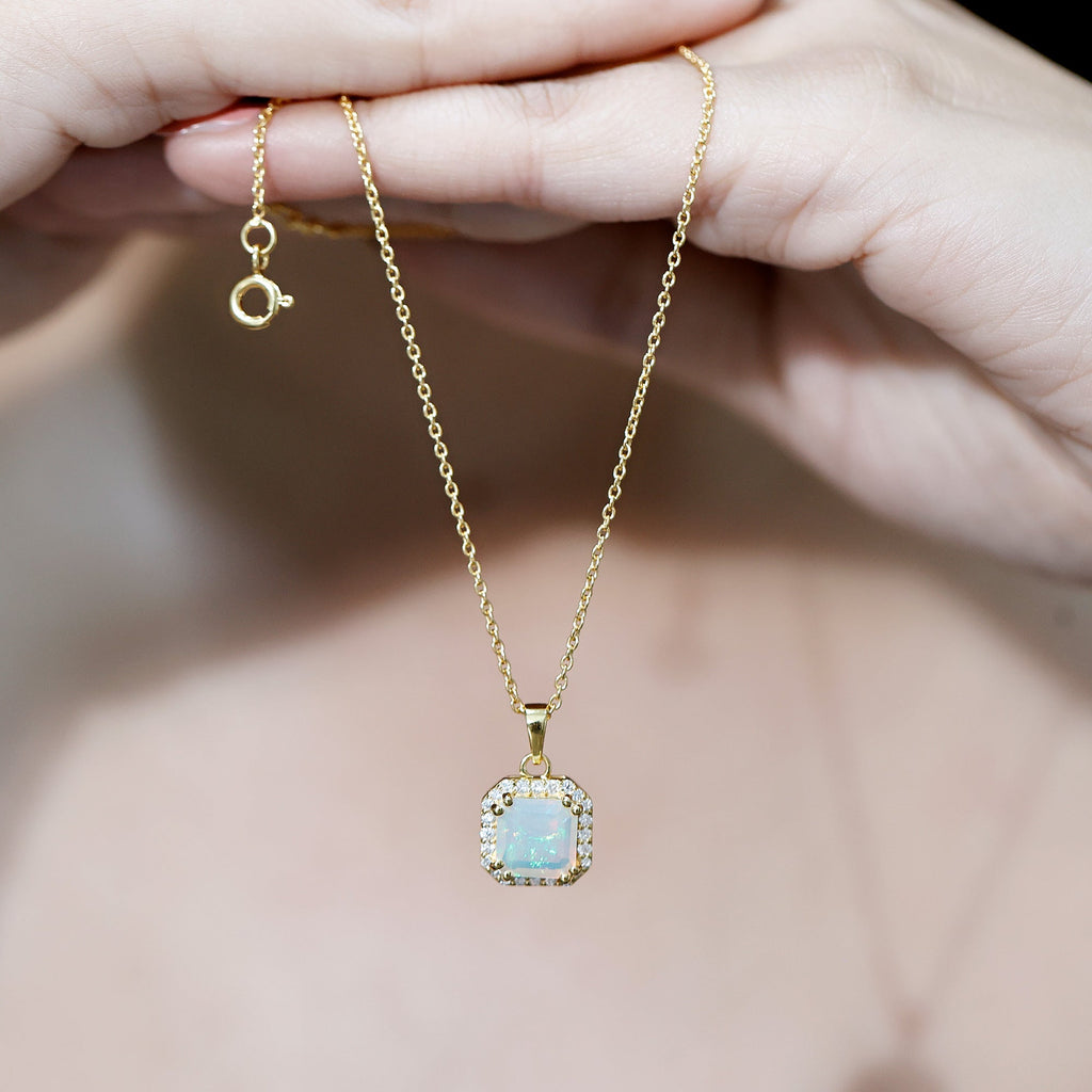 1.25 Carat Asscher Cut Ethiopian Opal Necklace with Diamond Halo
