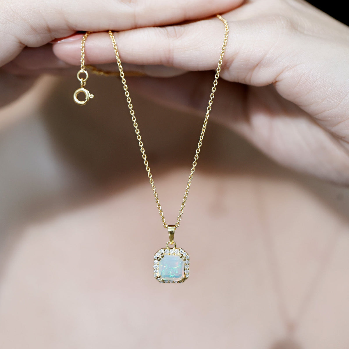 1.25 Carat Asscher Cut Ethiopian Opal Necklace with Diamond Halo
