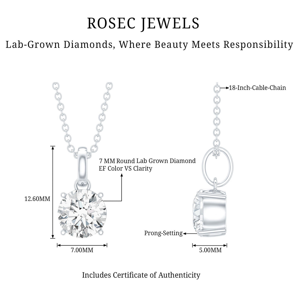 Lab Grown 1.2 Carat Single Diamond Necklace For Women