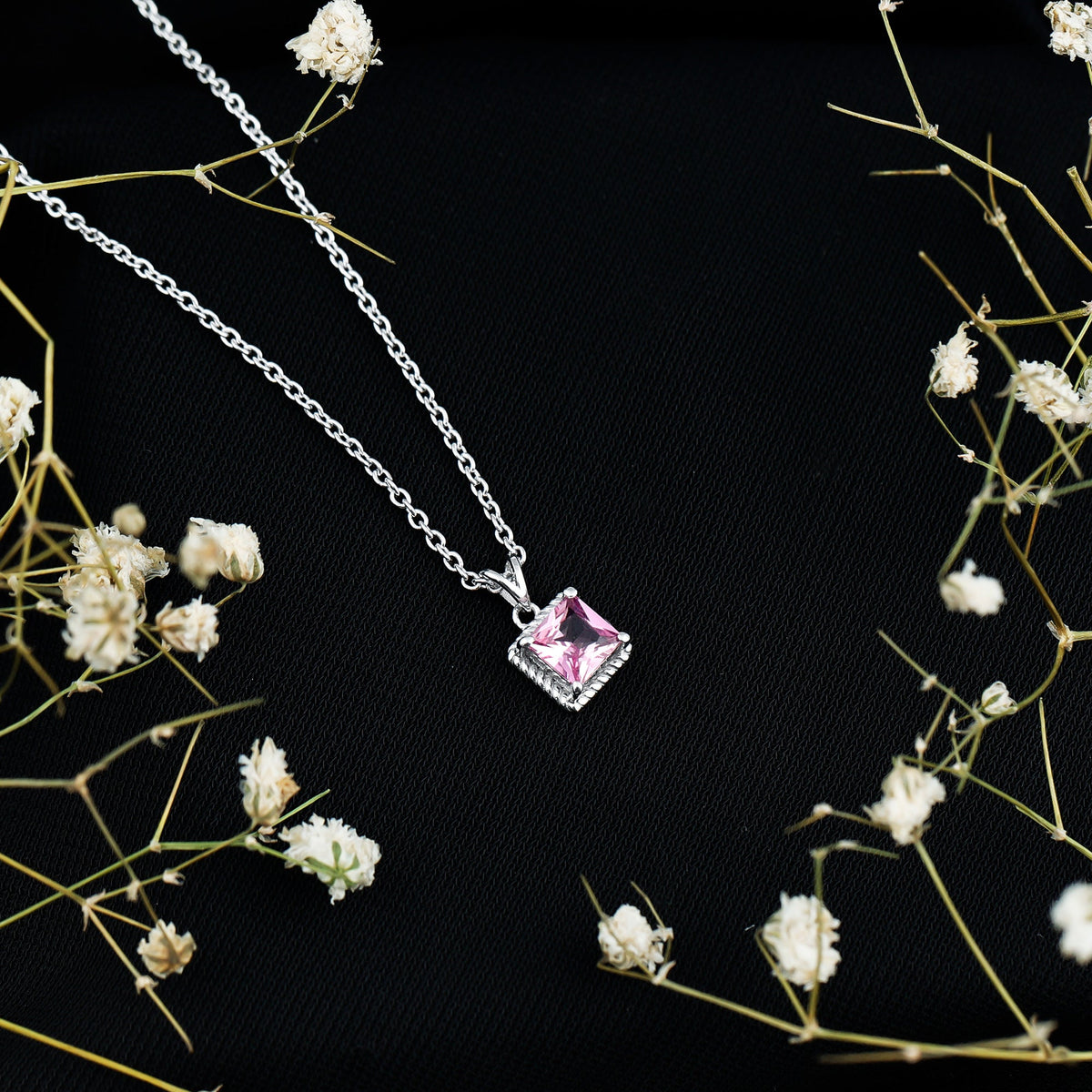 Princess Cut 0.7 Carat Lab Created Pink Sapphire Solitaire Pendant Necklace