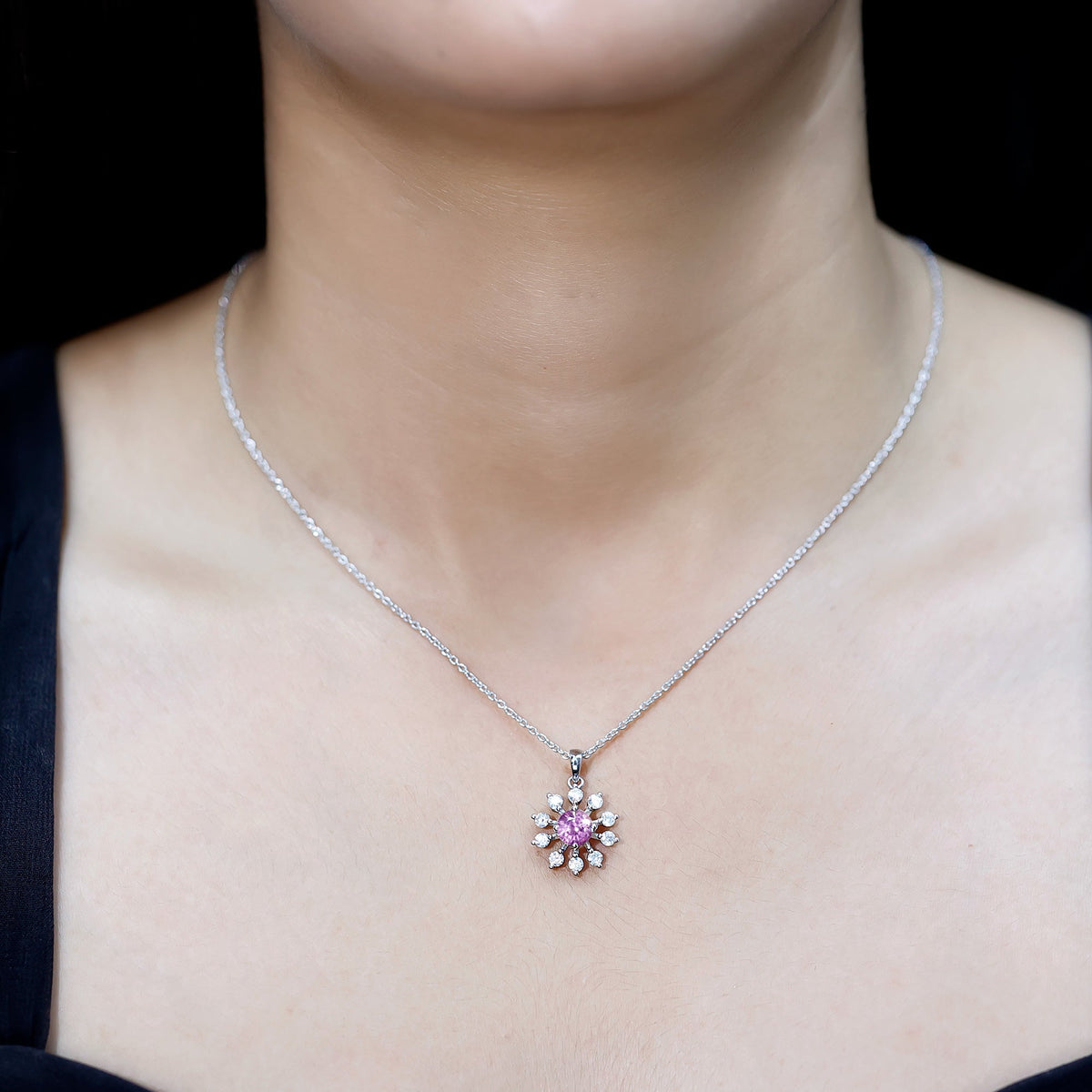 Lab Created Pink Sapphire and Diamond Flower Pendant Necklace