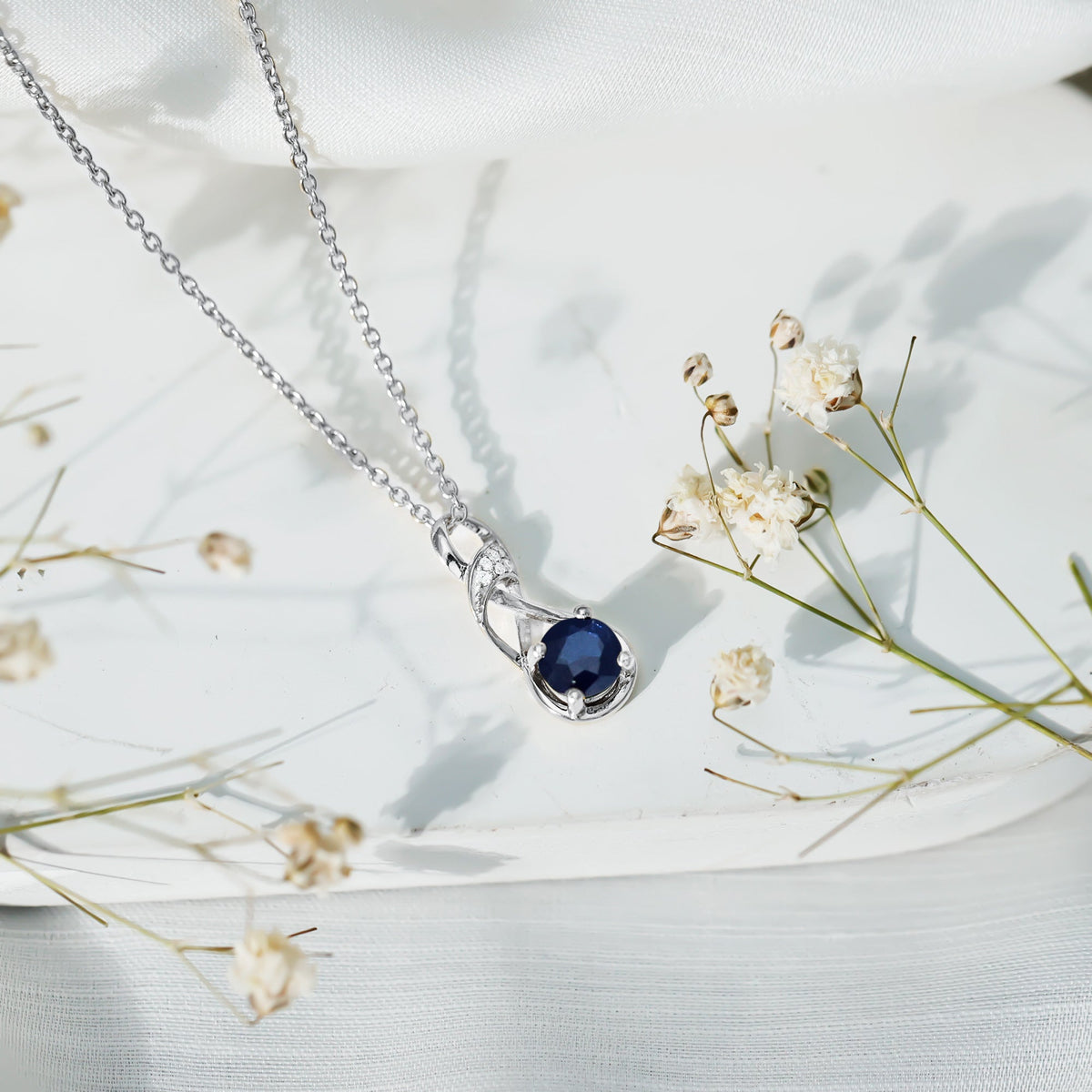 Natural 1 Carat Blue Sapphire Infinity Necklace with Silver Chain