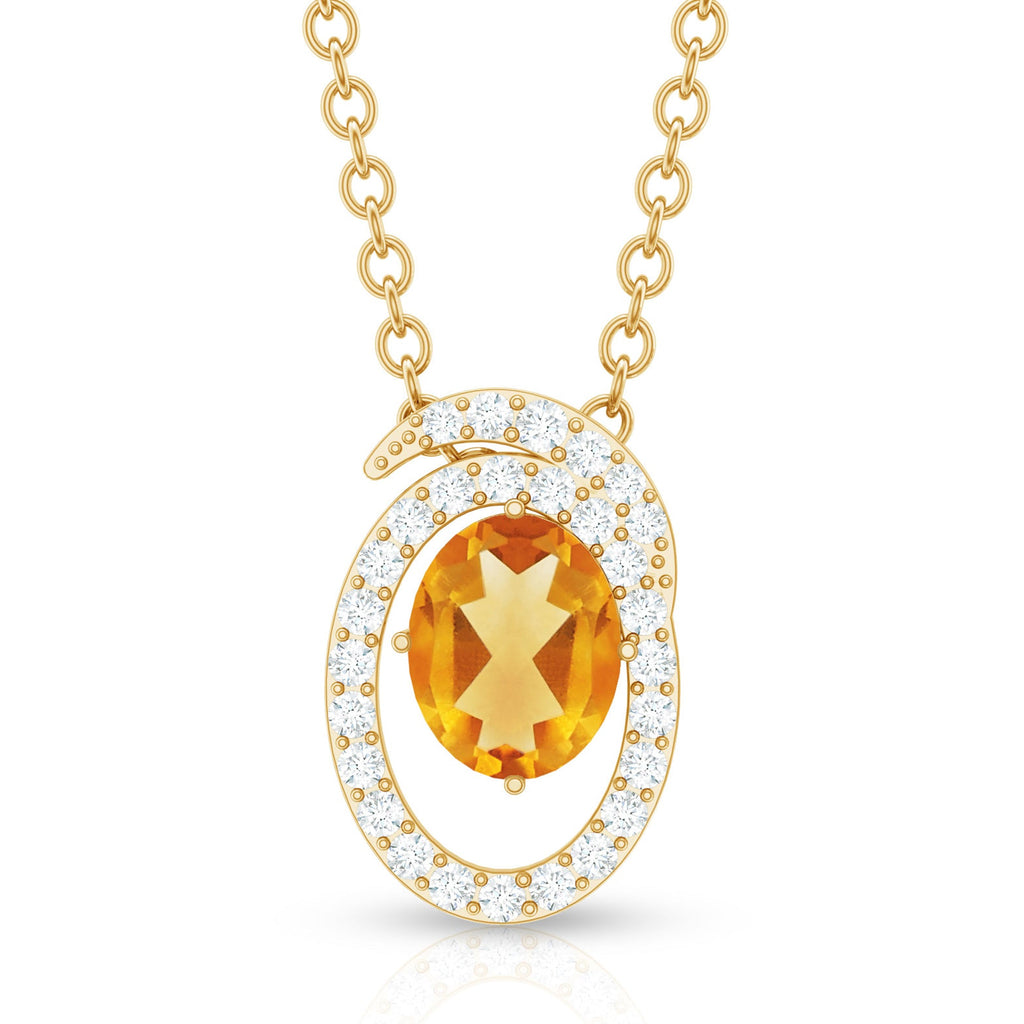 Genuine Oval Shape Citrine Necklace with Lab Diamond in Yellow Gold Plated Silver