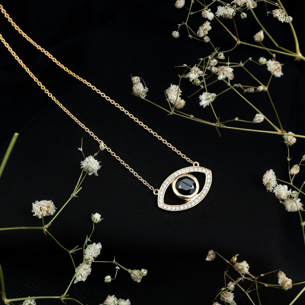 Natural 1.6 Carat Black Diamond Evil Eye Necklace in Yellow Gold Plated Silver