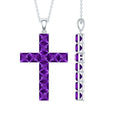 Princess Cut Amethyst Cross Pendant Necklace with Silver Chain