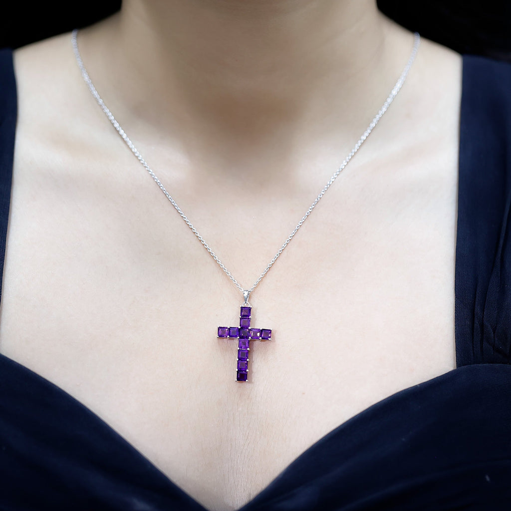 Princess Cut Amethyst Cross Pendant Necklace with Silver Chain
