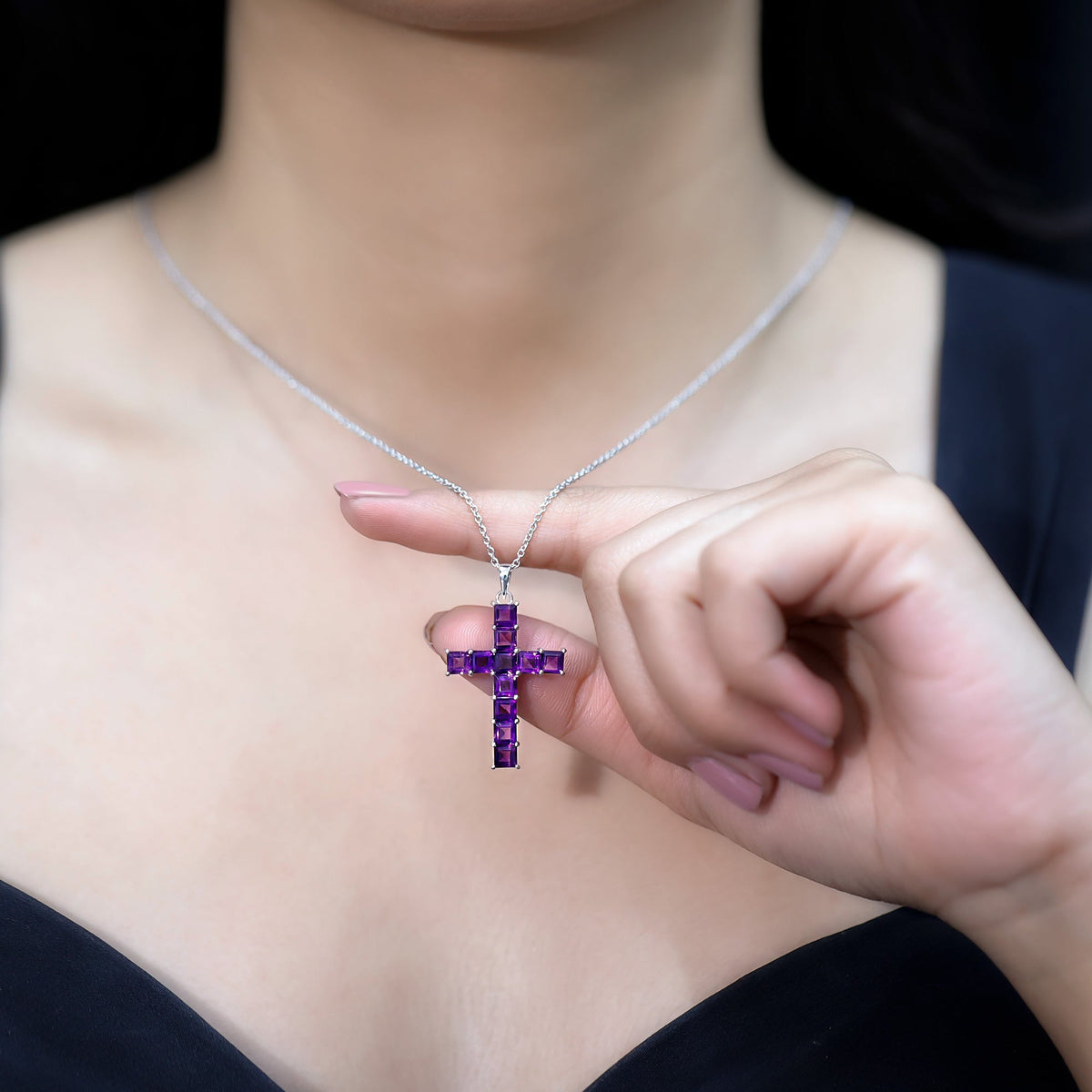 Princess Cut Amethyst Cross Pendant Necklace with Silver Chain