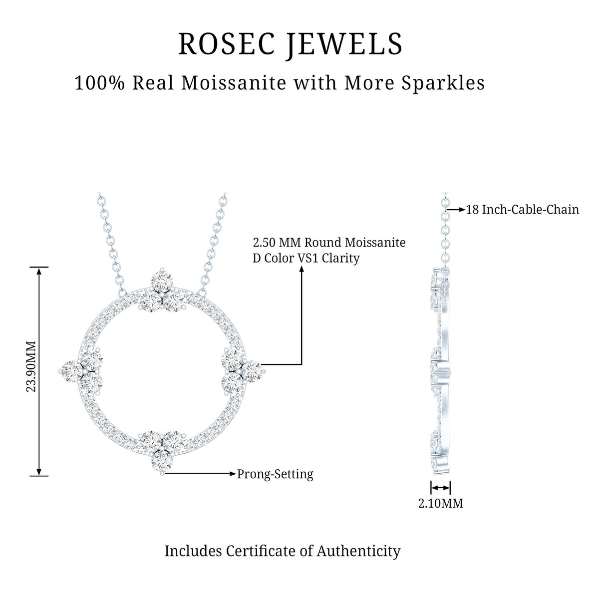 Certified Moissanite Eternity Promise Necklace in Silver